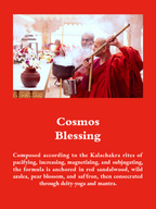 Cosmos Blessing: Composed according to the Kalachakra rites of pacifying, increasing, magnetizing, and subjugating, the formula is anchored in red sandalwood, wild azalea, pear blossom, and saffron, then consecrated through deity-yoga and mantra.